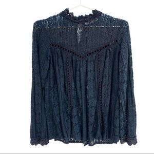 ENTRO Black Floral Lace Long Sleeve High Neck Top